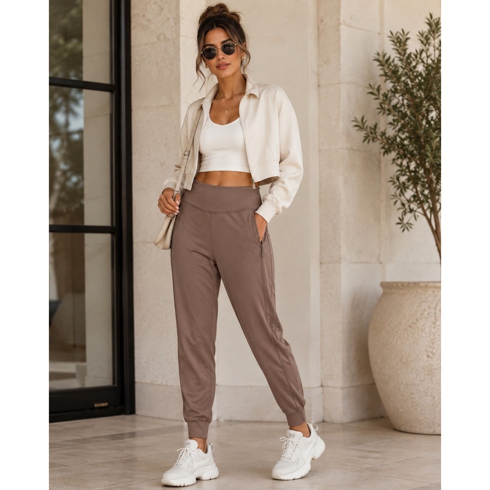Women Medium Taupe High Rise Joggers Zip Pockets Stretch Tapered Athleisure